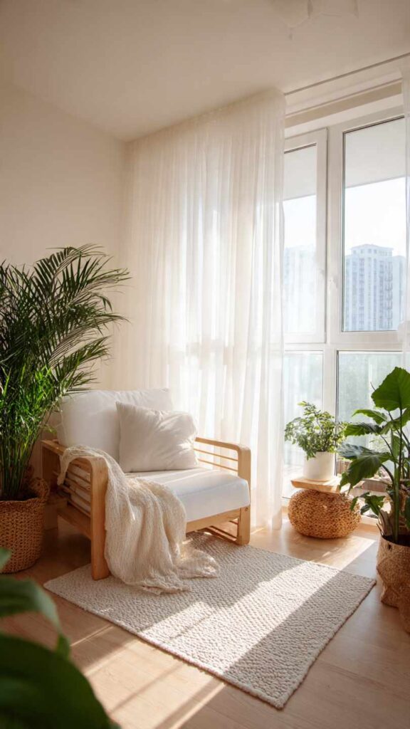 Soggiorno piccolo con grande finestra e tende leggere trasparenti che filtrano la luce naturale. Ambiente arioso e spazioso, arredo chiaro con piante