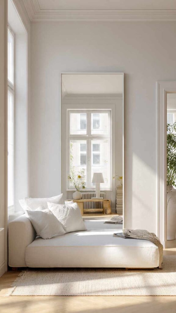 Ambiente minimal moderno con specchi senza cornice o con cornice sottile. Look leggero che non appesantisce, luce naturale e arredo essenziale.