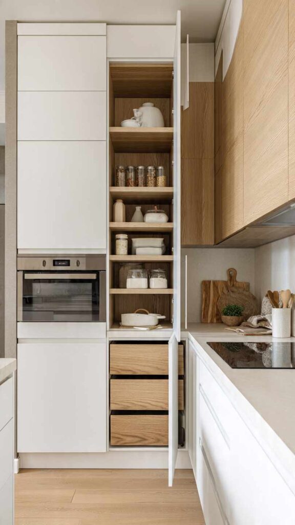 Cucina piccola con mobili a colonna che sfruttano l’altezza, cassetti con divisori interni e pensili con ante a scomparsa o a ribalta. Ambiente luminoso e organizzato