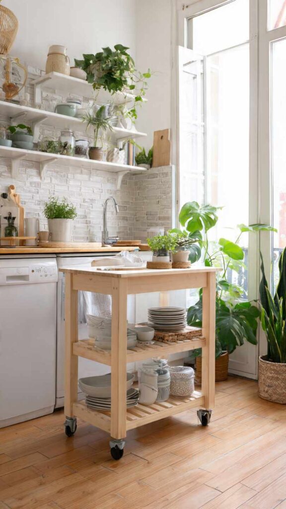 Cucina piccola con carrello su ruote in legno chiaro usato come piano di lavoro aggiuntivo e contenitore. Facilmente spostabile, ambiente luminoso con piante.