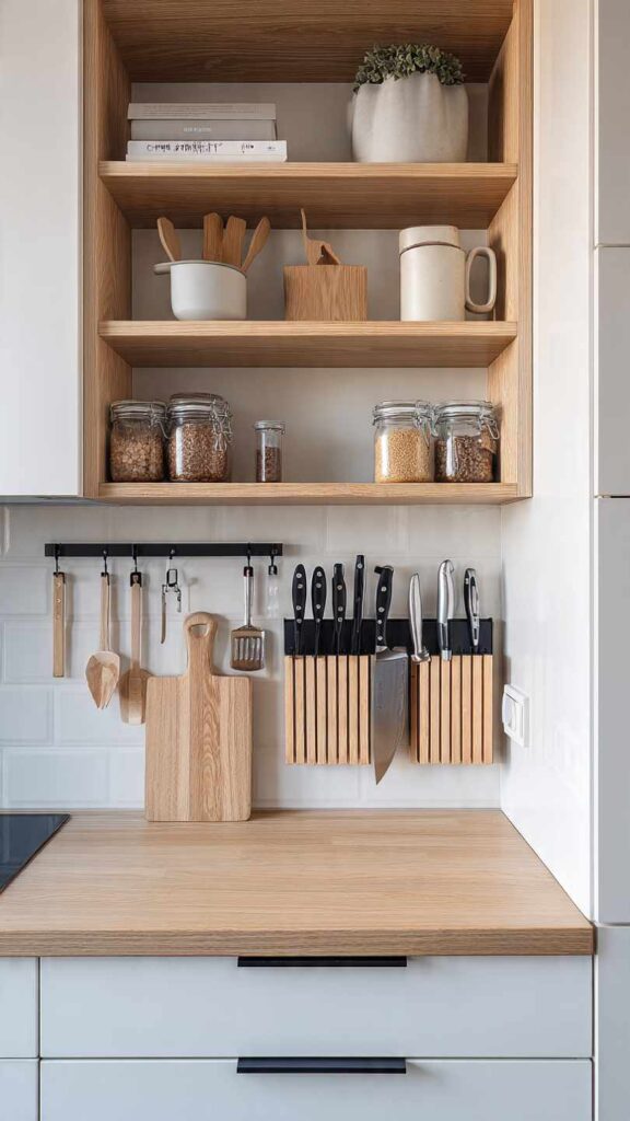Cucina piccola con pareti attrezzate con mensole, barra magnetica per coltelli e organizer verticali per utensili. Piano di lavoro libero e ben organizzato.