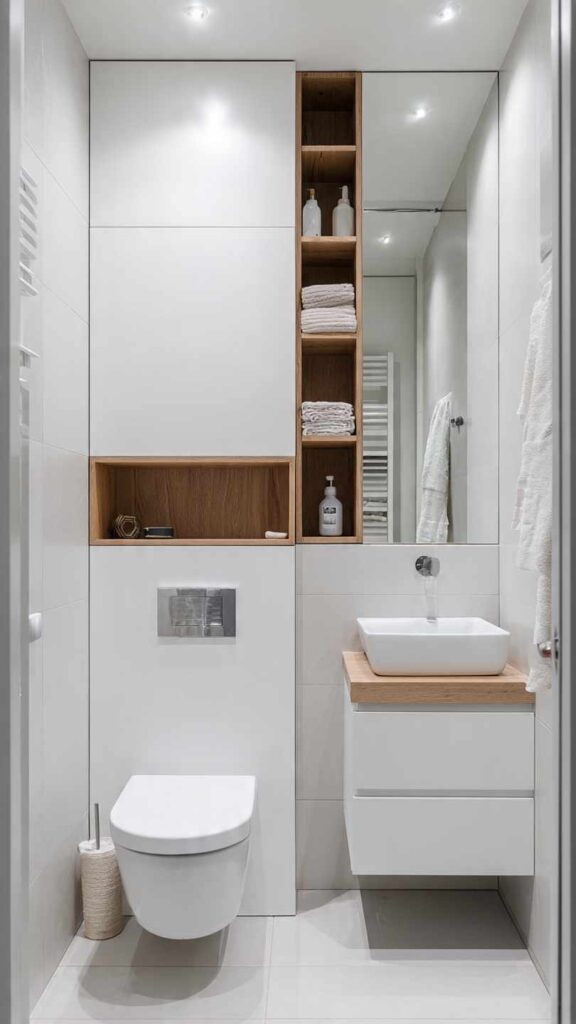Bagno piccolo moderno con sanitari sospesi che liberano il pavimento, mobile sottolavabo compatto e colonna a tutta altezza. Colori chiari e minimal.