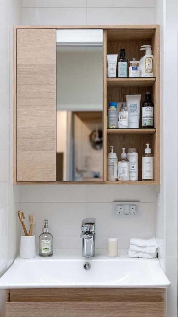 Bagno piccolo con specchio contenitore sopra lavabo per prodotti e medicinali, piano lavabo libero e ordinato. Arredo bianco e legno chiaro.