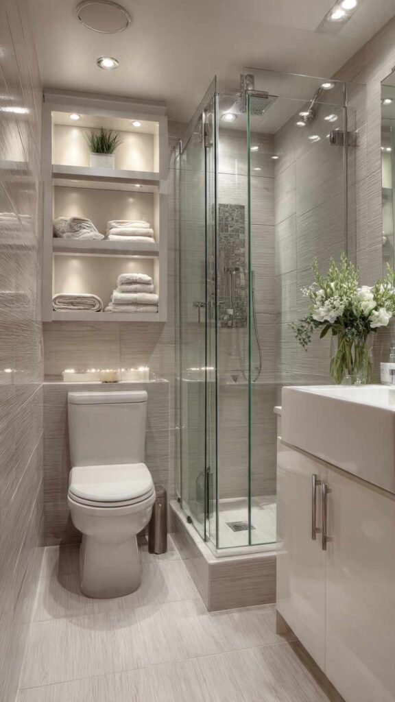 Bagno piccolo con doccia walk-in con pareti in vetro trasparente che amplia lo spazio, mensole e pensile sopra WC per asciugamani. Palette neutra luminosa.