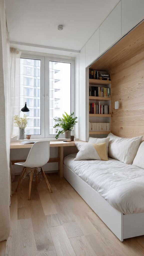 Camera piccola con scrivania a scomparsa a parete o mensola ribaltabile integrata nell’arredo come zona studio. Ambiente luminoso e minimal.