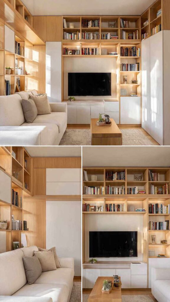 Soggiorno piccolo con divano compatto trasformabile, tavolino da caffè con contenitore e piano sollevabile, parete attrezzata modulare con TV, libreria e vani contenitore. Stile chiaro e accogliente.