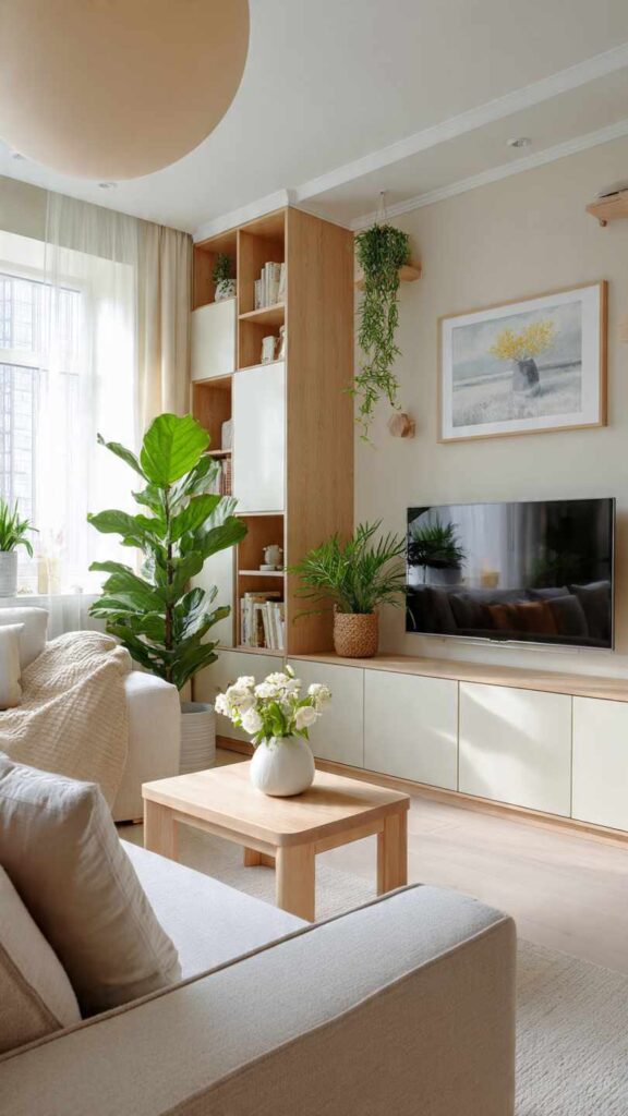 Soggiorno piccolo con mensole e pensili per oggetti decorativi senza occupare spazio a terra, piante alte e piante appese al soffitto. Palette neutra luminosa.