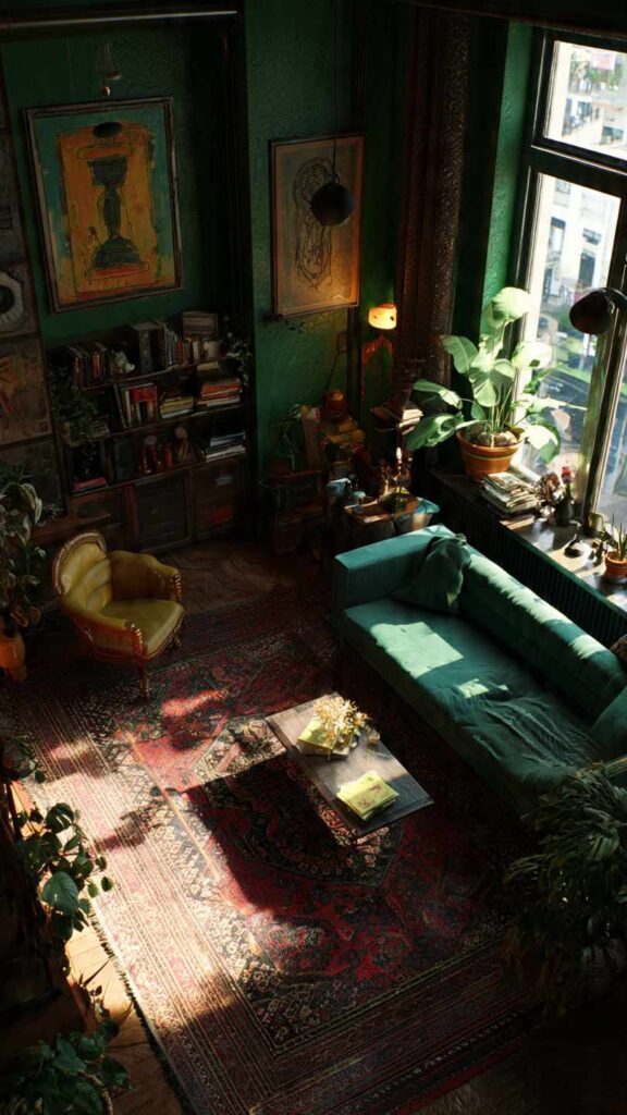 Piccolo soggiorno sovraffollato con troppi mobili e oggetti decorativi, sensazione di disordine e claustrofobia. Ambiente pieno e caotico.