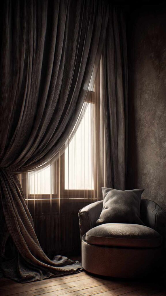 Stanza piccola con tende voluminose e pesanti che bloccano la luce naturale, finestre appesantite visivamente e stanza rimpicciolita.