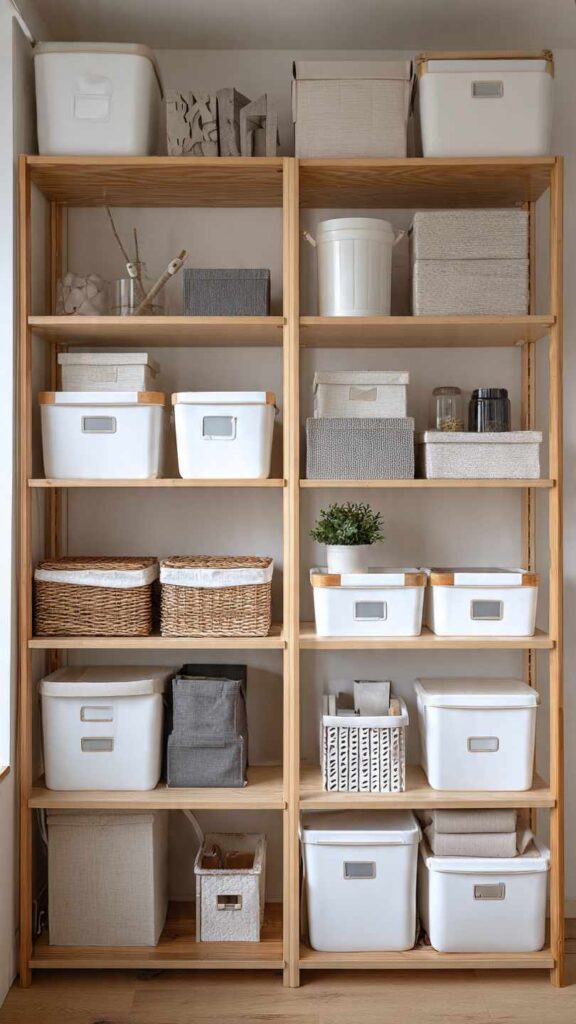 Interno ordinato di casa piccola con contenitori, organizer e scatole etichettate, abitudine di decluttering regolare, ambiente calmo e base per soluzioni salvaspazio.