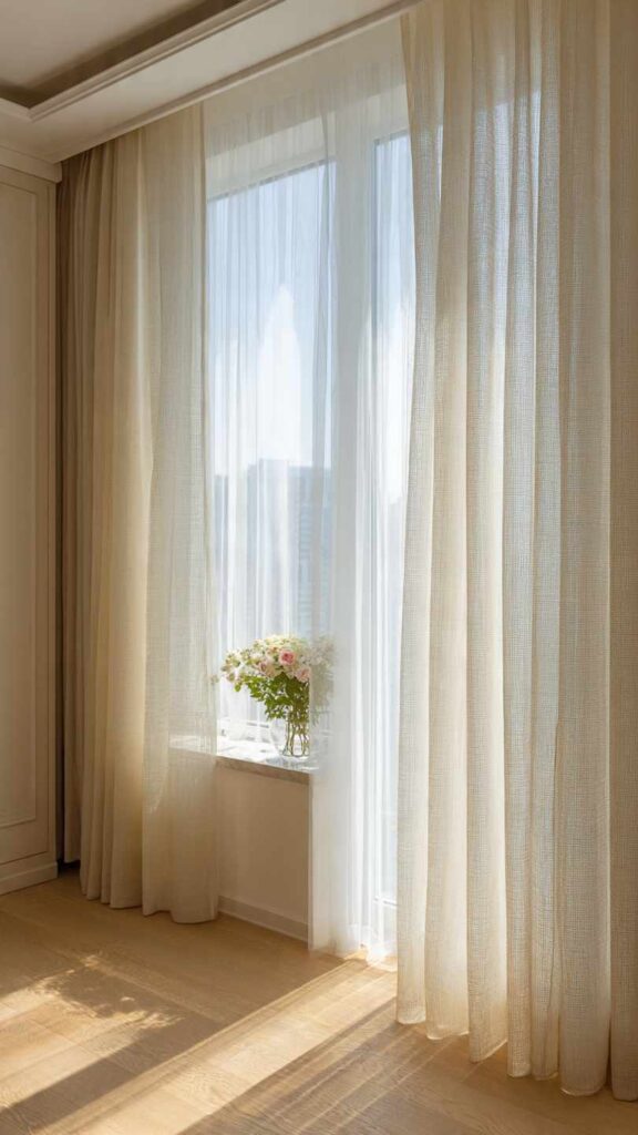 Stanza piccola luminosa con tende leggere trasparenti o a rullo che lasciano filtrare la luce naturale, integrate discretamente nell’ambiente arioso.