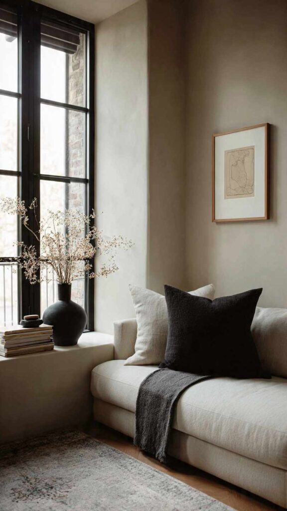 Stanza piccola luminosa con pareti chiare e colore scuro usato con parsimonia per un singolo dettaglio o accessorio, come cuscino o vaso, ambiente arioso ed equilibrato.