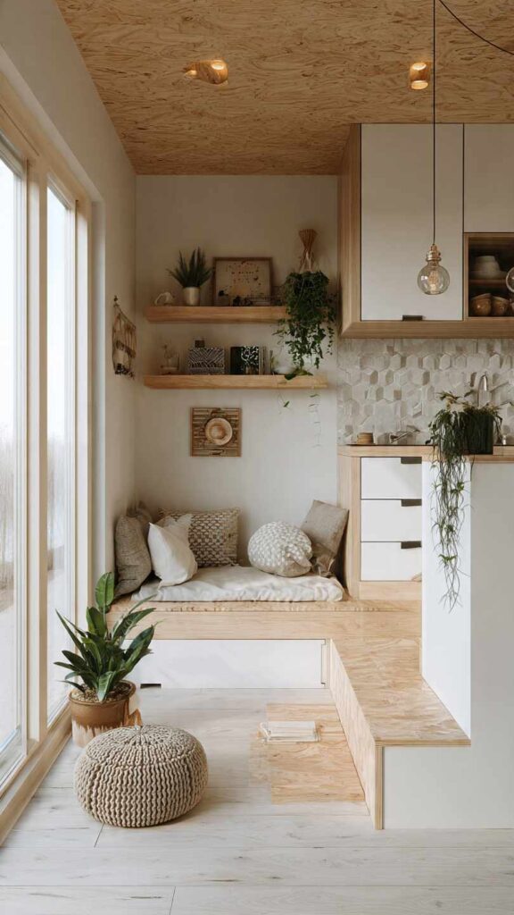 Interno di casa piccola che unisce funzionalità, estetica e ingegno, soluzioni salvaspazio che migliorano la vita quotidiana, ambiente personale, facile da gestire e accogliente.