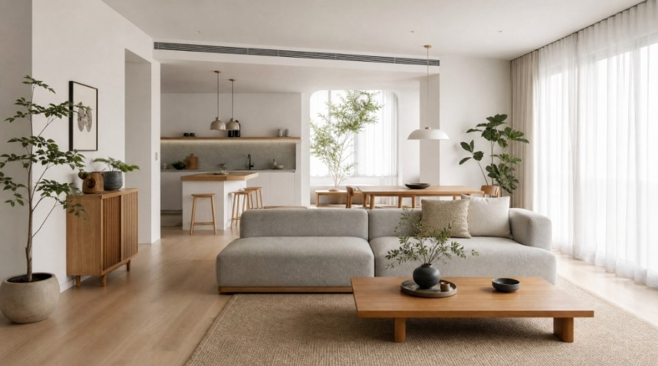 Interno moderno in stile scandinavo casa piccola con arredi in legno chiaro, luce naturale e piante per un ambiente spazioso.