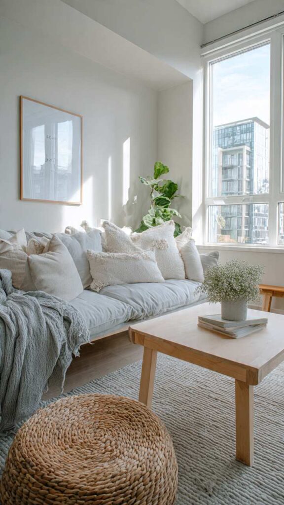 Soggiorno luminoso in stile scandinavo casa piccola con pareti bianche, tessuti beige e grigio chiaro e mobili in legno chiaro di betulla e faggio
