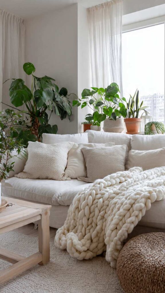 Angolo living in stile scandinavo casa piccola con tessuti naturali in cotone lino e lana e piante da interno su arredamento dai toni neutri