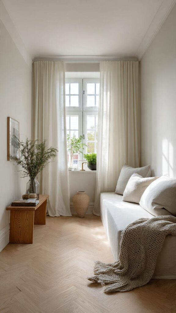 Interno luminoso in stile scandinavo casa piccola con pareti e soffitto bianchi, parquet in legno chiaro naturale e tessuti in lino e lana
