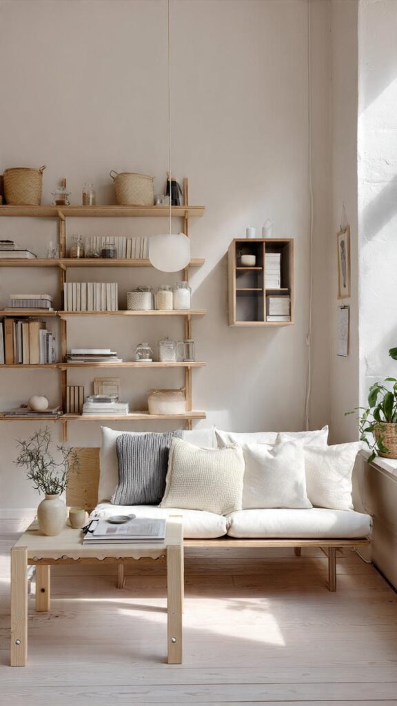 Soggiorno in stile scandinavo casa piccola con mobili compatti multifunzione, tavolino contenitore e divano con piedini sottili su parquet chiaro