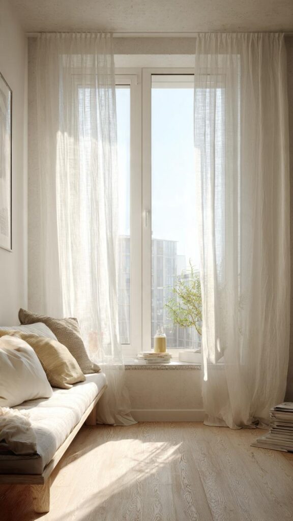 Soggiorno luminoso in stile scandinavo casa piccola con grande finestra, tende leggere in lino e ambiente senza ostacoli visivi