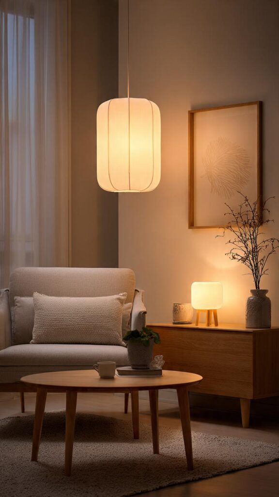 Illuminazione artificiale calda in stile scandinavo casa piccola con lampade dal design semplice e luce diffusa