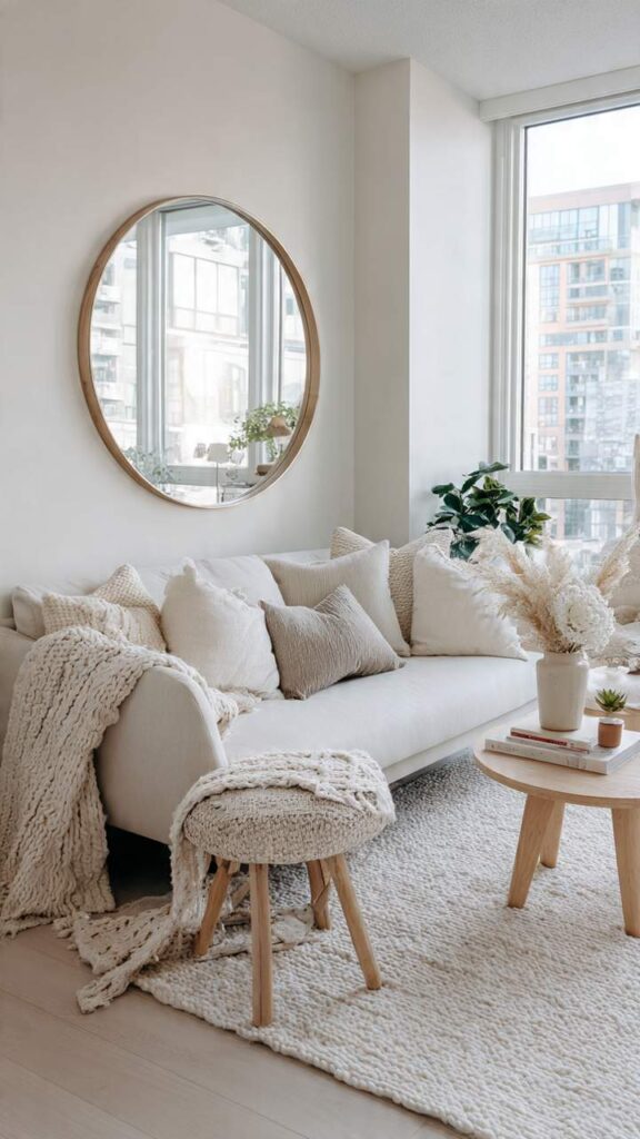 Specchio rotondo che amplifica la luce naturale in soggiorno stile scandinavo casa piccola con pareti bianche e legno chiaro