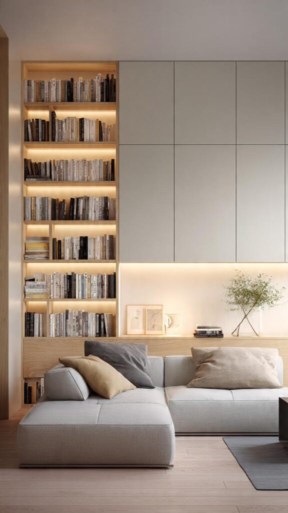 Soggiorno moderno essenziale casa piccola con mobili modulari integrati alle pareti, linee pulite e illuminazione architettonica integrata