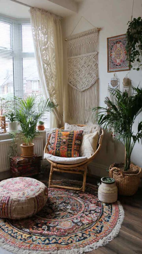 Soggiorno boho chic casa piccola con tappeto etnico, pianta esotica, materiali naturali e mix di texture su base dai colori chiari