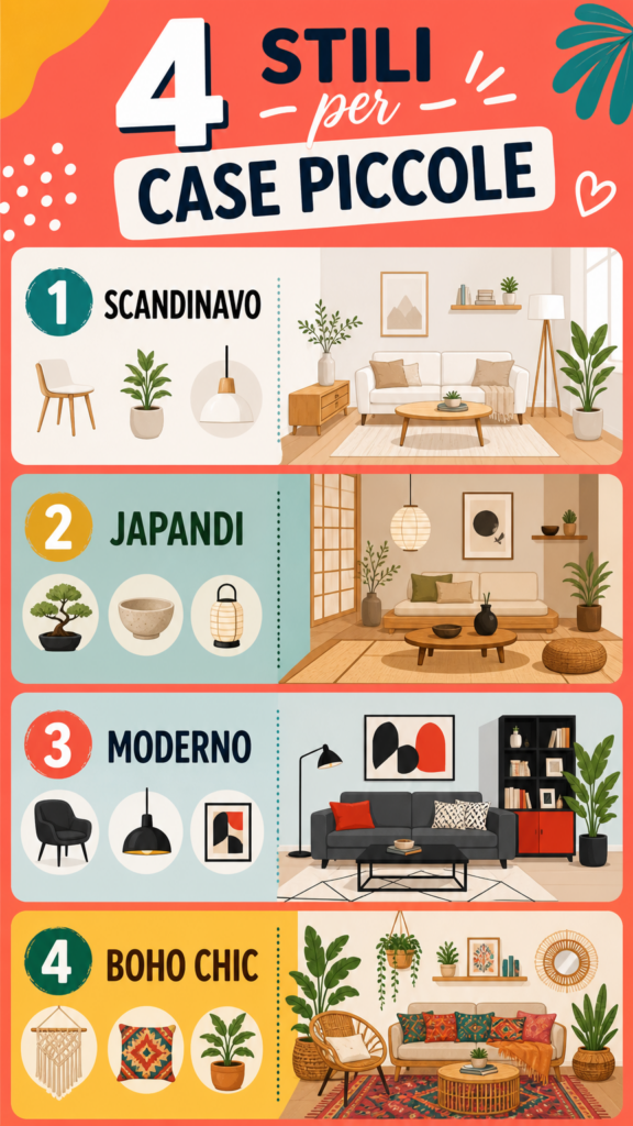 Infografica colorata sui 4 stili di arredamento per case piccole: Scandinavo, Japandi, Moderno e Boho Chic, con icone e illustrazioni di interni.
