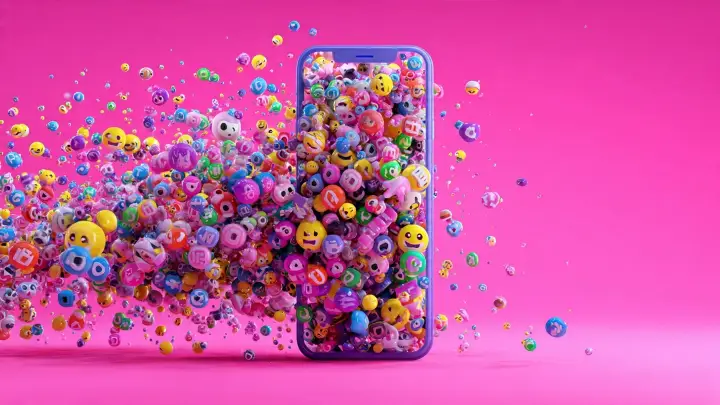 Emoji Kitchen Esplora 2026 - Esplosione di emoji 3D da Gboard a WhatsApp Smartphone viola con esplosione di emoji 3D colorate che fuoriescono dallo schermo su sfondo fucsia
