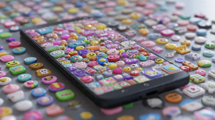 Esplosione di sticker con Emoji Kitchen Esplora novità 2026 per WhatsApp Smartphone sommerso da centinaia di sticker 3D colorati di Emoji Kitchen che fuoriescono dallo schermo