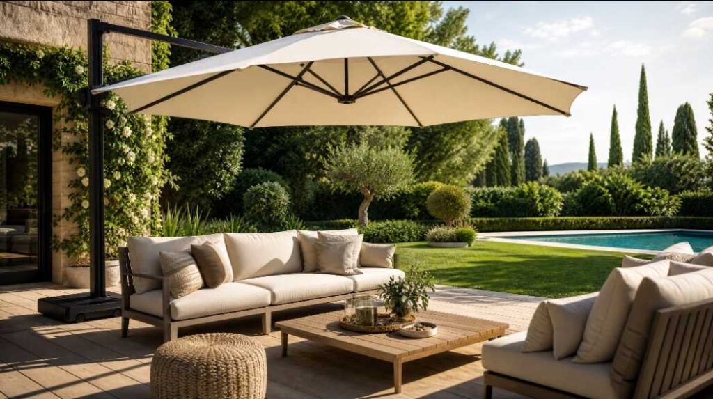 Elegante ombrellone da giardino decentrato a braccio in un ambiente outdoor di lusso con divani moderni e piscina.