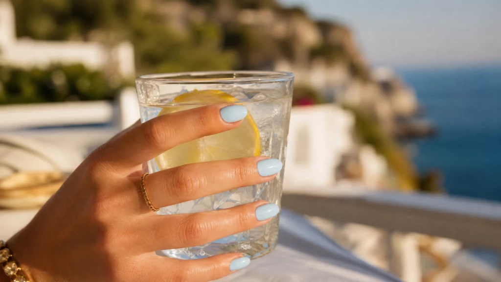 Primo piano di una mano femminile con manicure a mandorla colore unghie celeste pastello, mentre tiene un bicchiere d'acqua ghiacciata con limone in un'ambientazione estiva mediterranea al tramonto.