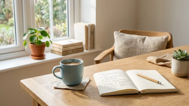 Scrivania minimalista in legno con tazza color celeste, taccuino e piante, per trasmettere calma e favorire la produttività
