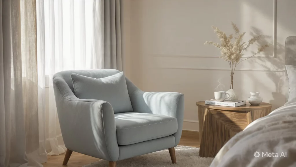 Angolo relax in una camera matrimoniale celeste e legno con poltrona azzurra, tavolino in noce e luce naturale che filtra dalle tende, stile moderno ed elegante.