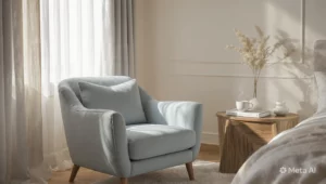 Angolo relax in una camera matrimoniale celeste e legno con poltrona azzurra, tavolino in noce e luce naturale che filtra dalle tende, stile moderno ed elegante.