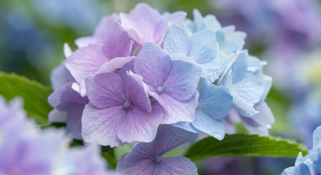 Dettaglio ravvicinato di petali di ortensia con sfumature naturali dal viola al celeste