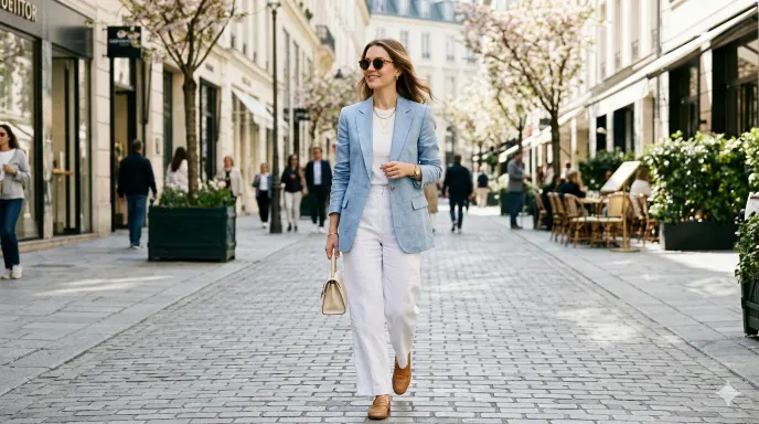 Una donna cammina lungo una via cittadina soleggiata e acciottolata, indossando un elegante blazer azzurro, pantaloni bianchi a gamba larga, mocassini marroni e occhiali da sole. Lo sfondo mostra un viale in stile parigino con alberi in fiore e passanti.