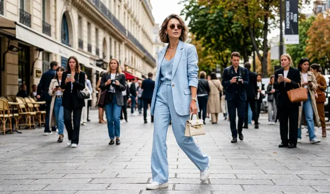Analisi dei trend: perché il celeste è una tendenza della moda donna 2026. Una modella indossa un completo azzurro sartoriale durante la fashion week, circondata da fotografi e passanti in un contesto urbano elegante.