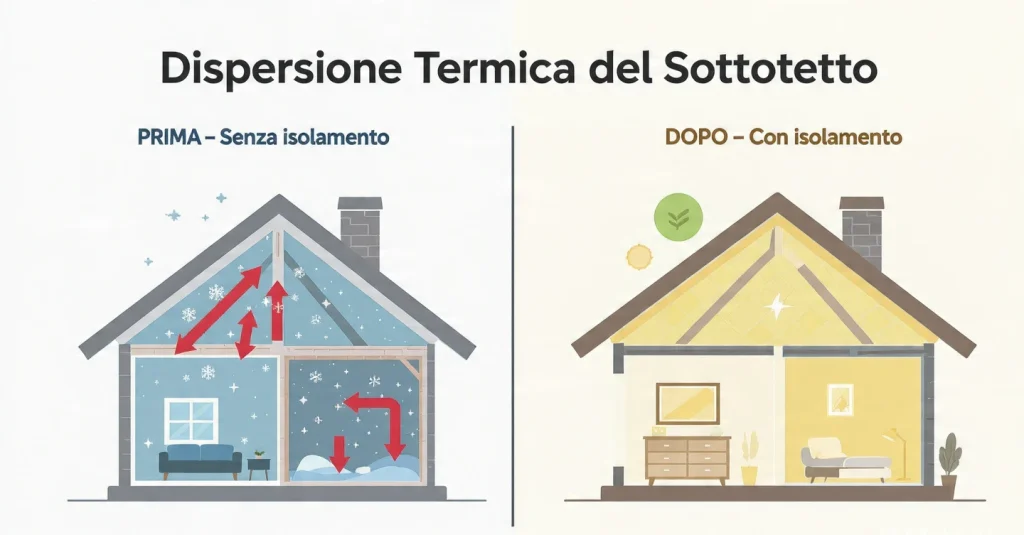 Infografica split-screen che mostra la dispersione termica di una mansarda: a sinistra senza isolamento il calore fugge dal tetto, a destra con isolamento il calore resta in casa