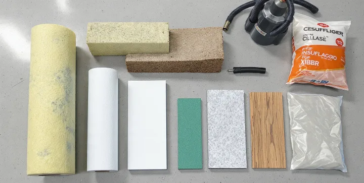 Foto tecnica di materiali isolanti per tetto disposti su banco: lana di vetro, lana di roccia, pannelli EPS, XPS, fibra di legno e sacco di cellulosa per insufflaggio