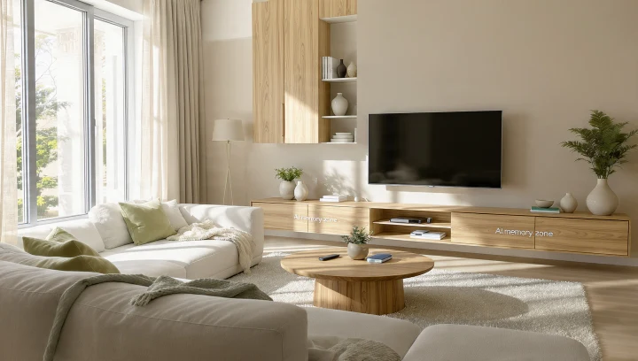 soggiorno moderno 2026 arredato per agenti AI con materiali opachi, palette beige salvia e zona memoria per oggetti