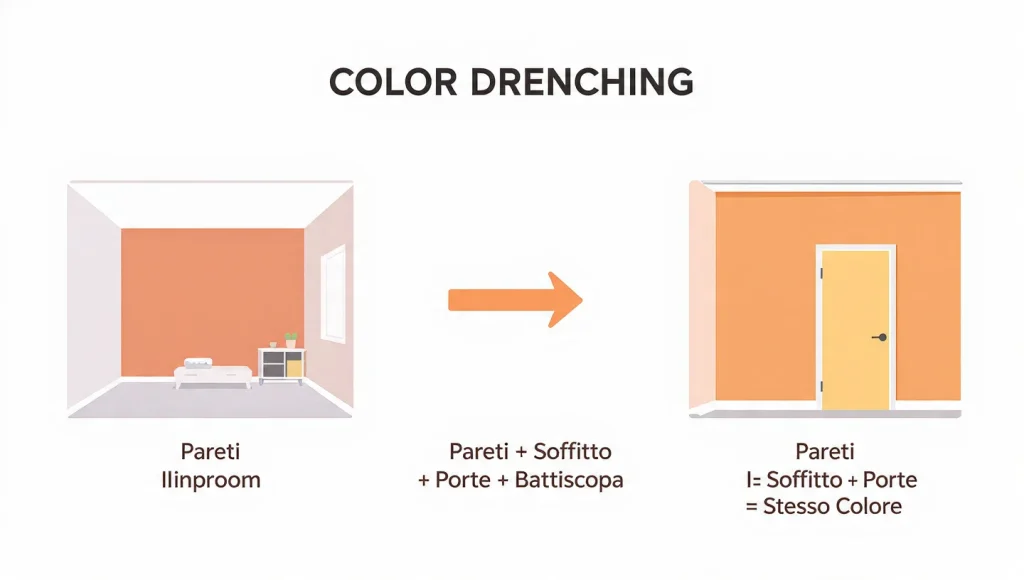 Schema cos'è il colour drenching: da pareti dipinte a pareti soffitto porte battiscopa stesso colore tono su tono