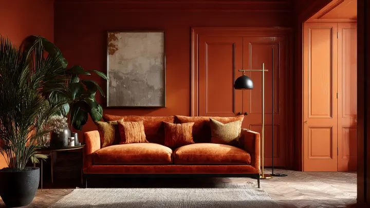 Moodboard stanza living colour drenching terracotta 2026: pareti soffitto porte battiscopa divano tono su tono effetto avvolgente lusso quiet luxury