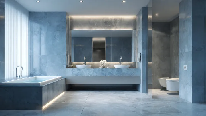 Bagno di lusso celeste e grigio con doppia vasca da appoggio, top in marmo azzurro e vasca incassata con LED