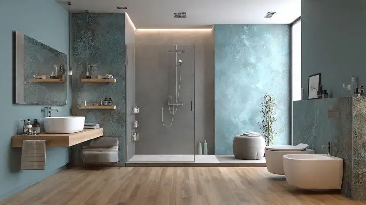 Bagno moderno celeste e grigio con pareti effetto spatolato, doccia in gres cemento e pavimento in legno
