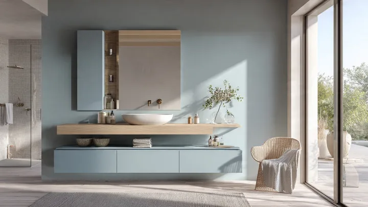 Bagno moderno celeste polvere con mobili sospesi azzurri, top in legno rovere e lavabo a ciotola bianco