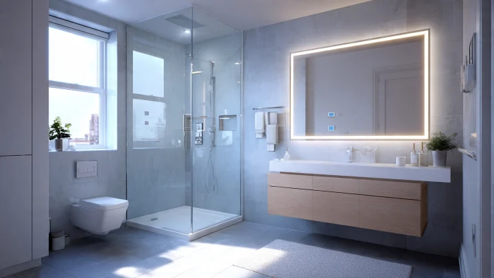 Bagno moderno grigio celeste chiaro con mobile sospeso in legno rovere, specchio LED e doccia walk-in