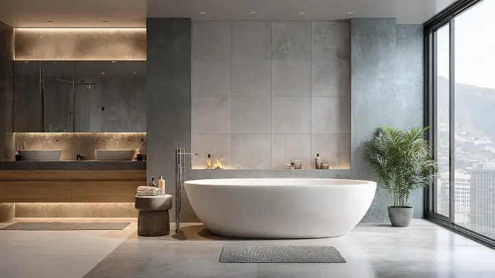 Bagno moderno grigio celeste con vasca freestanding bianca, mobile in legno rovere e doppia specchiera LED