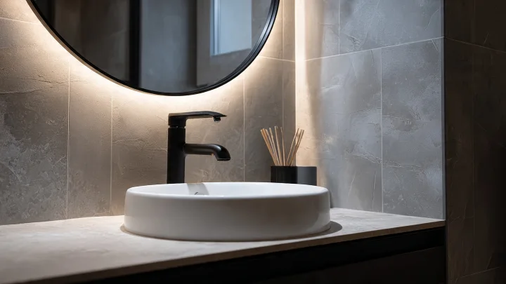 Dettaglio lavabo da appoggio bianco con rubinetteria nera opaca, top effetto pietra e specchio tondo retroilluminato