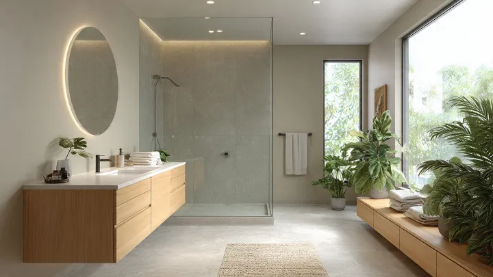 Bagno moderno spazioso con doccia walk-in, mobile sospeso in legno rovere e pavimento in gres grigio chiaro
